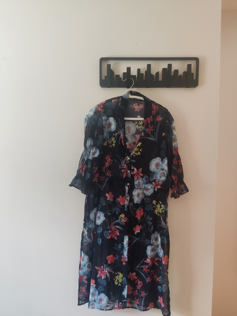 IC COLLECTION Black Sheer Floral Top with Coral Blossoms